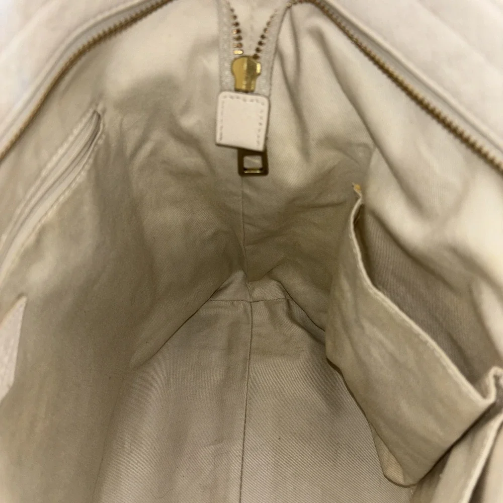 Fossil Maya Collection Hobo Cream & Blue Leather Canvas Adjustable Crossbody EUC